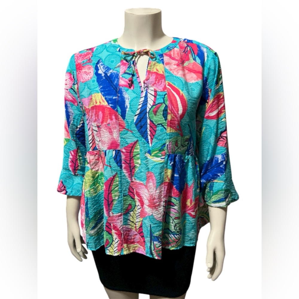 NWT Ali Miles Sz PM Tropical Print Blouse 3/4 Sleeves